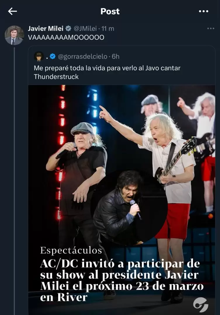 Javier Milei celebró una presunta invitación de AC/DC a cantar en River, pero era fake