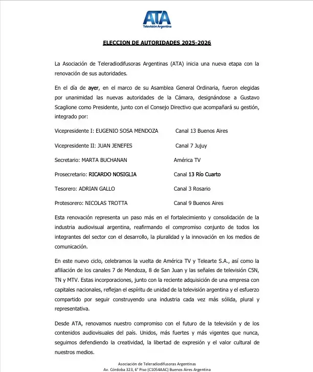 Comunicado de ATA