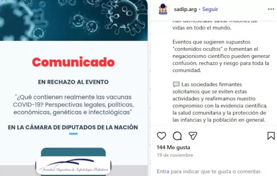El posteo de SADIP estuvo acompa�ado de un comunicado totalmente en contra del evento (Instagram)