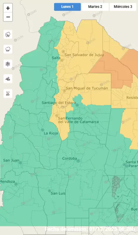 Alerta amarillo por fuertes tormentas para el lunes 1 y martes 2 de diciembre