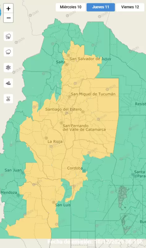 alerta amarillo para el jueves 11 de diciembre