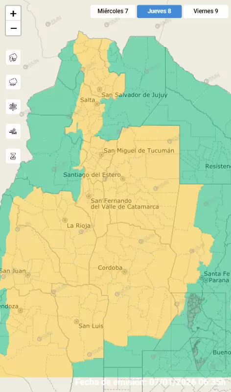 Alerta por fuertes tormentas para el jueves 8 de enero