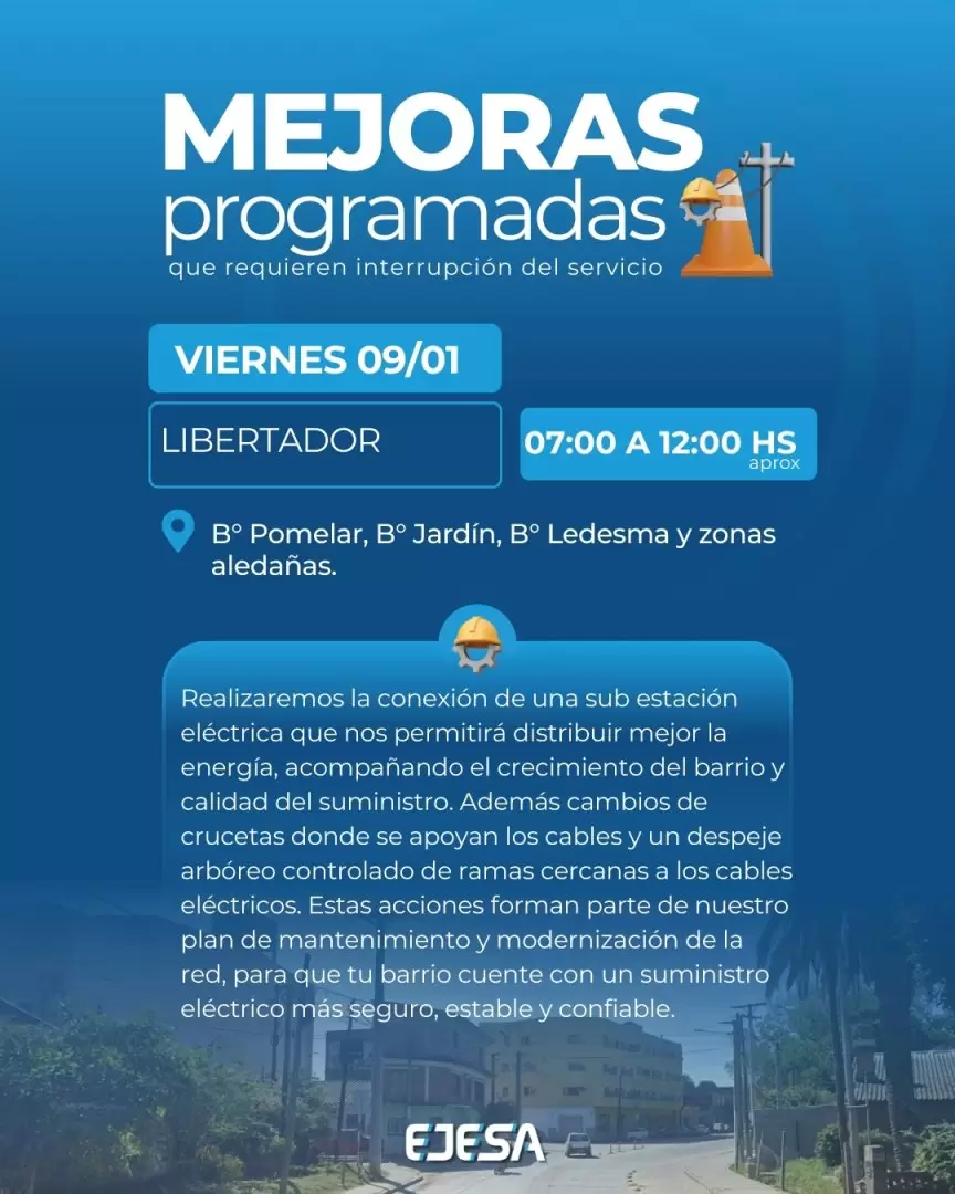 Mejoras programadas para este viernes 9 de enero de 2026 en Libertador General San Martín