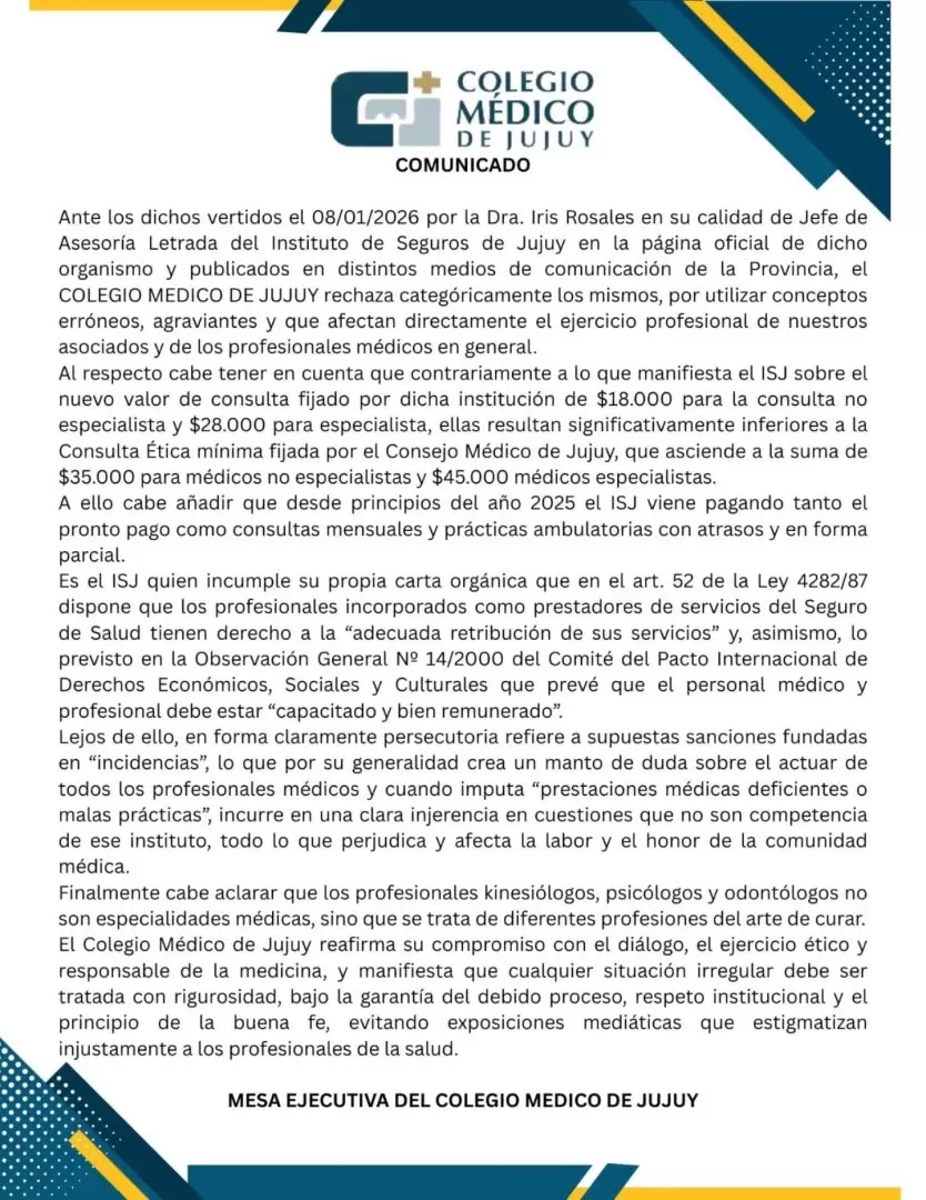 comunicado del Colegio Médico de Jujuy