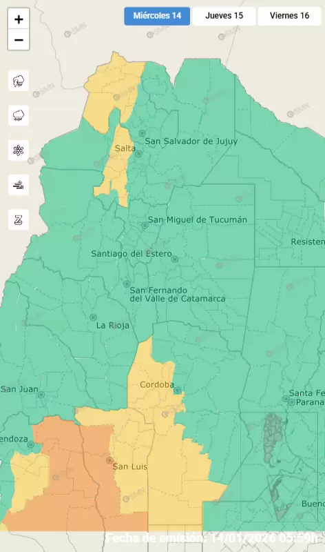 Alerta amarillo por fuertes tormentas para este miércoles 14 de enero en Jujuy