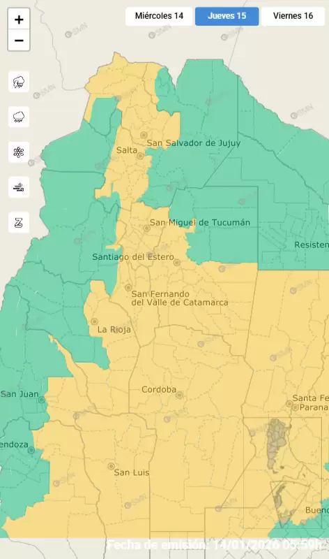 Alerta amarillo por fuertes tormentas para el jueves 15 de enero de 2026