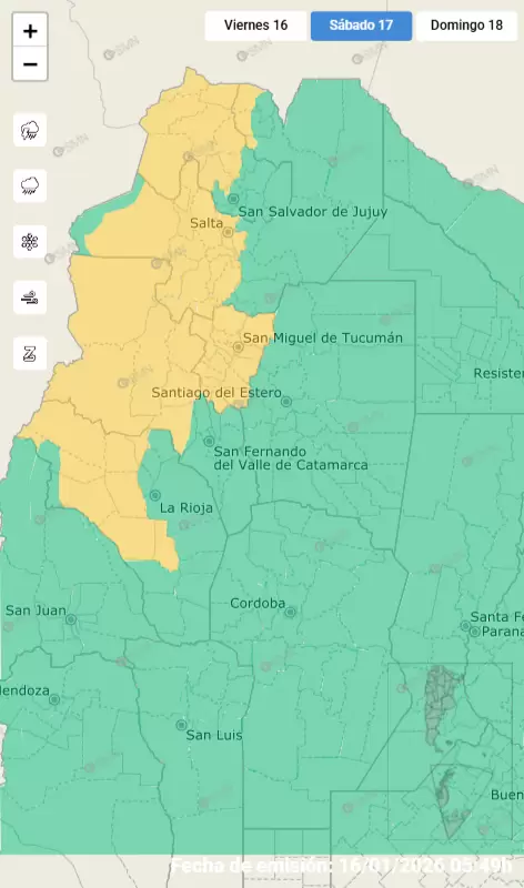 Alerta amarillo por fuertes tormentas para el sábado 17 de enero de 2026