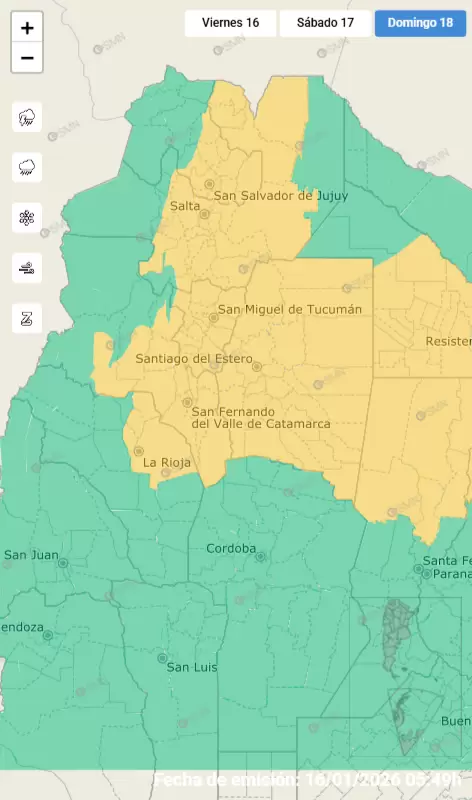 Alerta amarillo por fuertes tormentas para el domingo 18 de enero de 2026