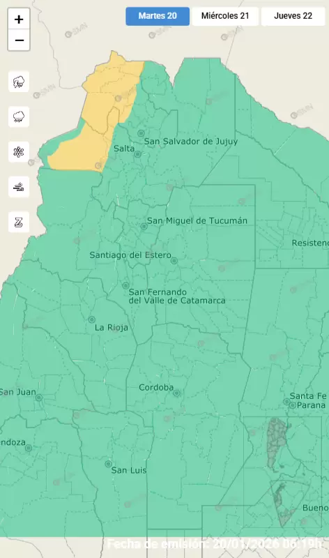 Alerta amarillo por fuertes tormentas para el martes 20 de enero de 2026