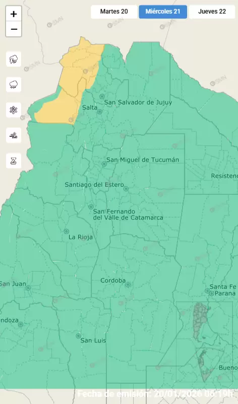 Alerta amarillo por fuertes tormentas para el miércoles 21 de enero
