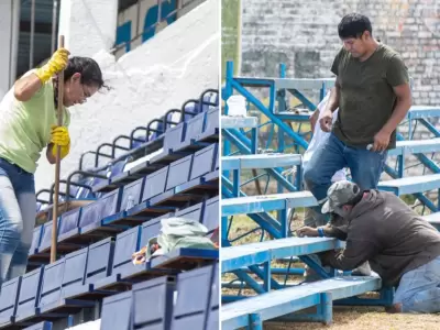 Limpieza y tribuna tubular en el estadio Plinio Zabala