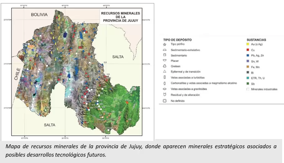 Mapa de recursos minerales de la provincia de Jujuy, donde aparecen minerales estrat�gicos asociados a posibles desarrollos tecnol�gicos futuros.
