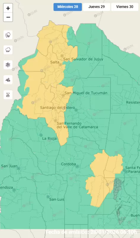 Alerta amarillo para el miércoles 28 de enero