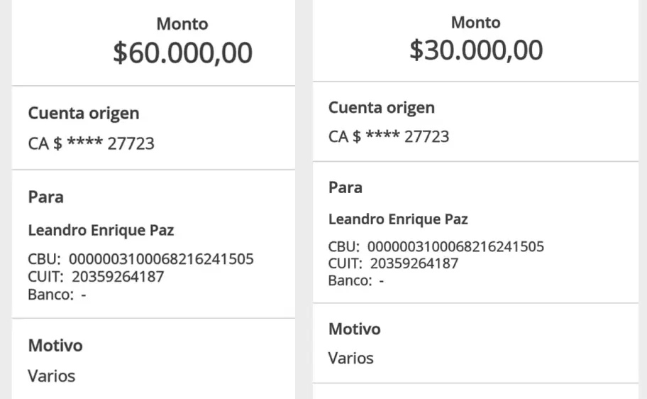 Las transferencias que realizó la mujer víctima de estafa
