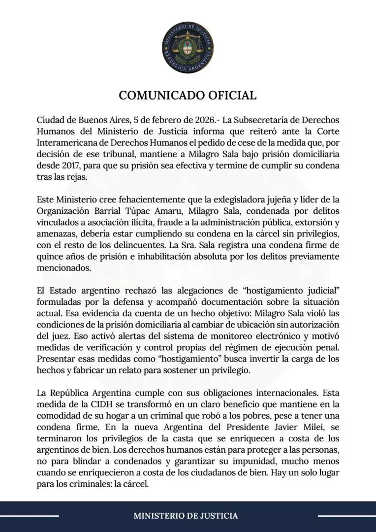 ministerio de justicia milagro sala