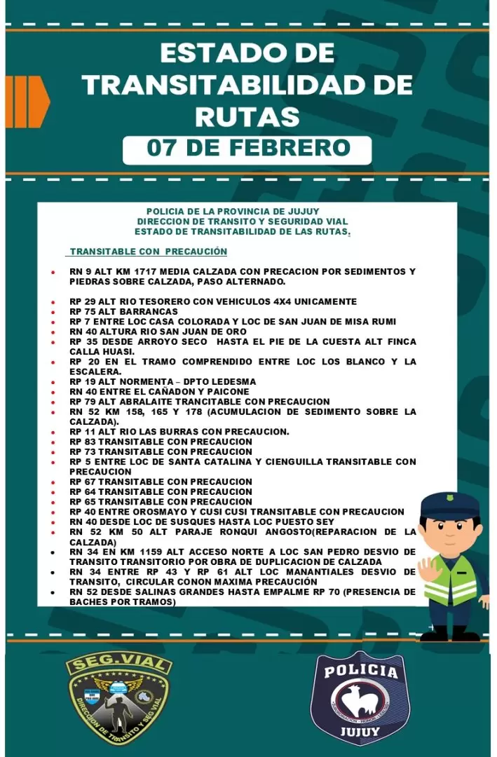 estado de rutas 7 de febrero