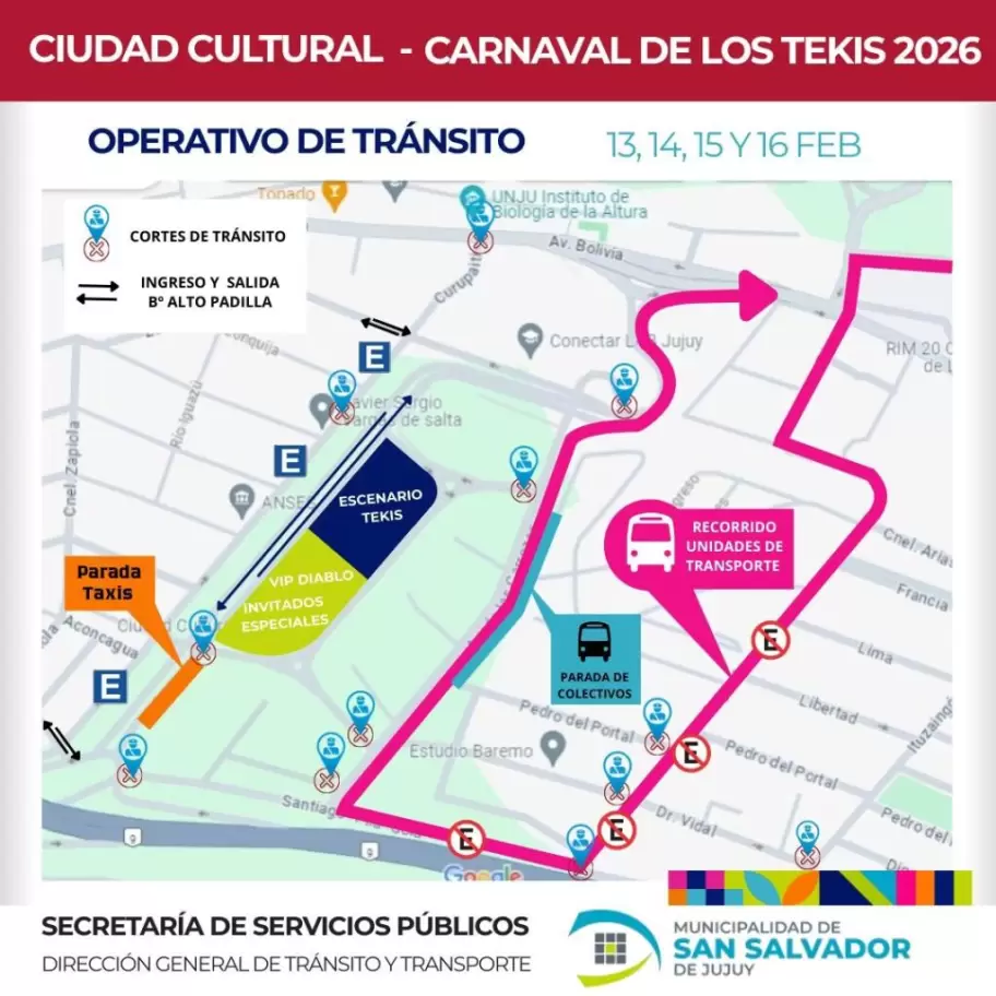 Mapa del operativo de tránsito para el Carnaval de Los Tekis