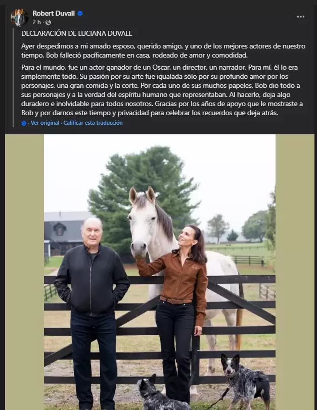 Publicación de Luciana Pedraza por el fallecimiento de Robert Duvall