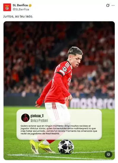 Apoyo de Benfica a Gianluca Prestianni