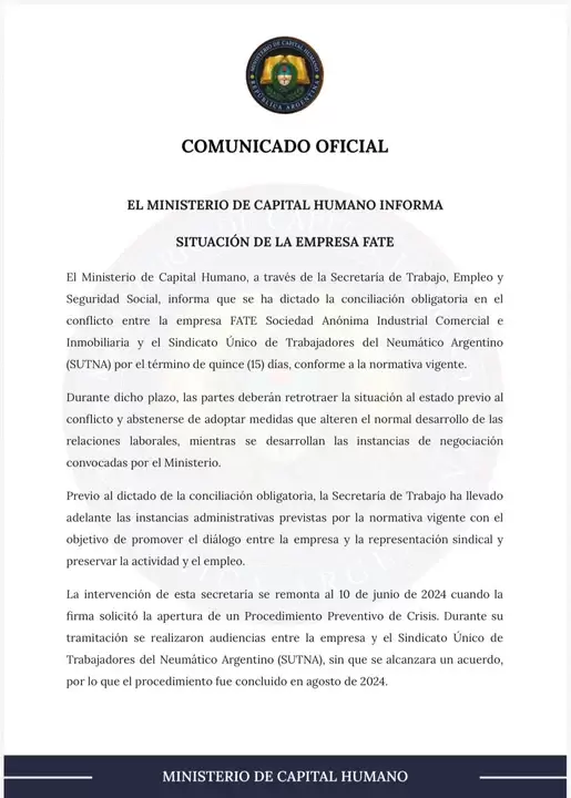 Comunicado del Ministerio de Capital Humano, tras la reuni�n entre directivos y empleados de Fate