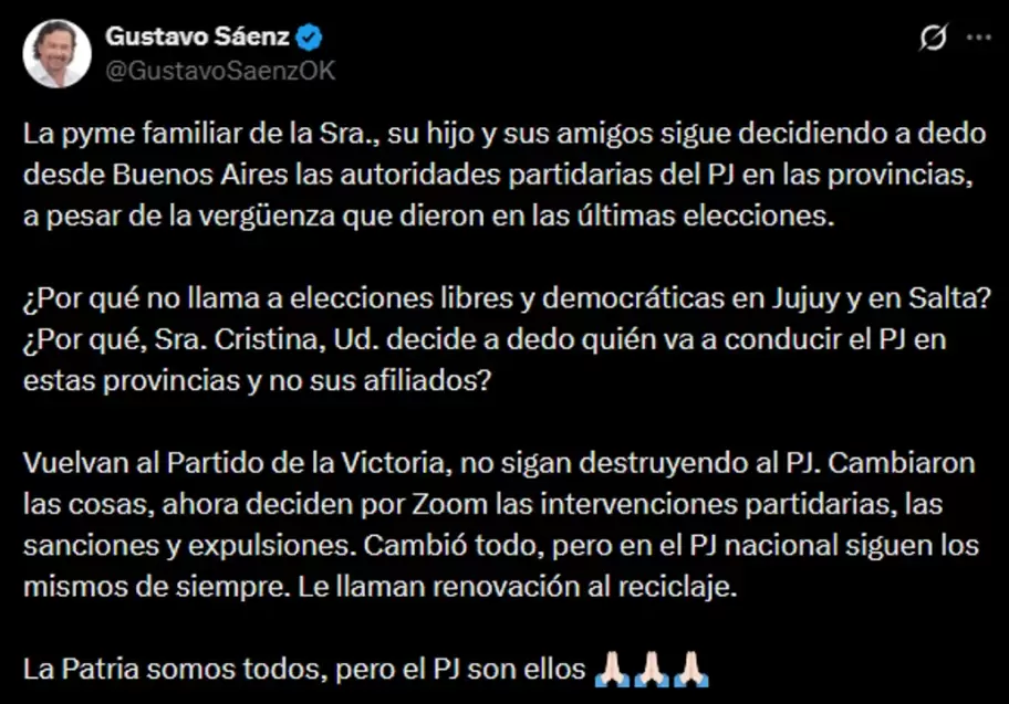Publicacion de saenz en redes sociales pidiendo elecciones en el PJ de Salta