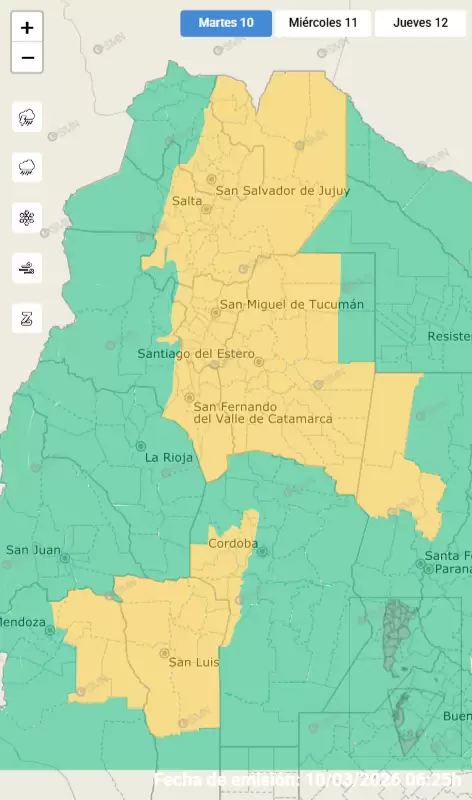 Alerta amarillo por fuertes tormentas para el martes 10 de marzo de 2026
