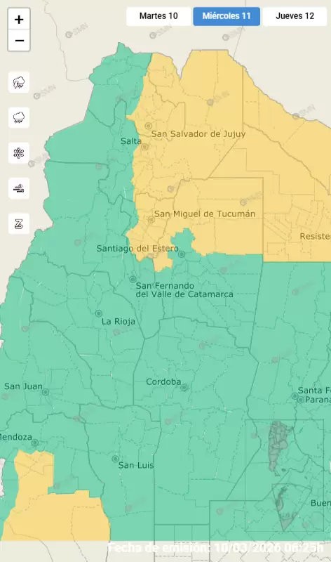 alerta amarillo por fuertes tormentas para el miércoles 11 de marzo de 2026
