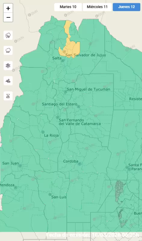 alerta por fuertes tormentas para el jueves 12 de marzo de 2026