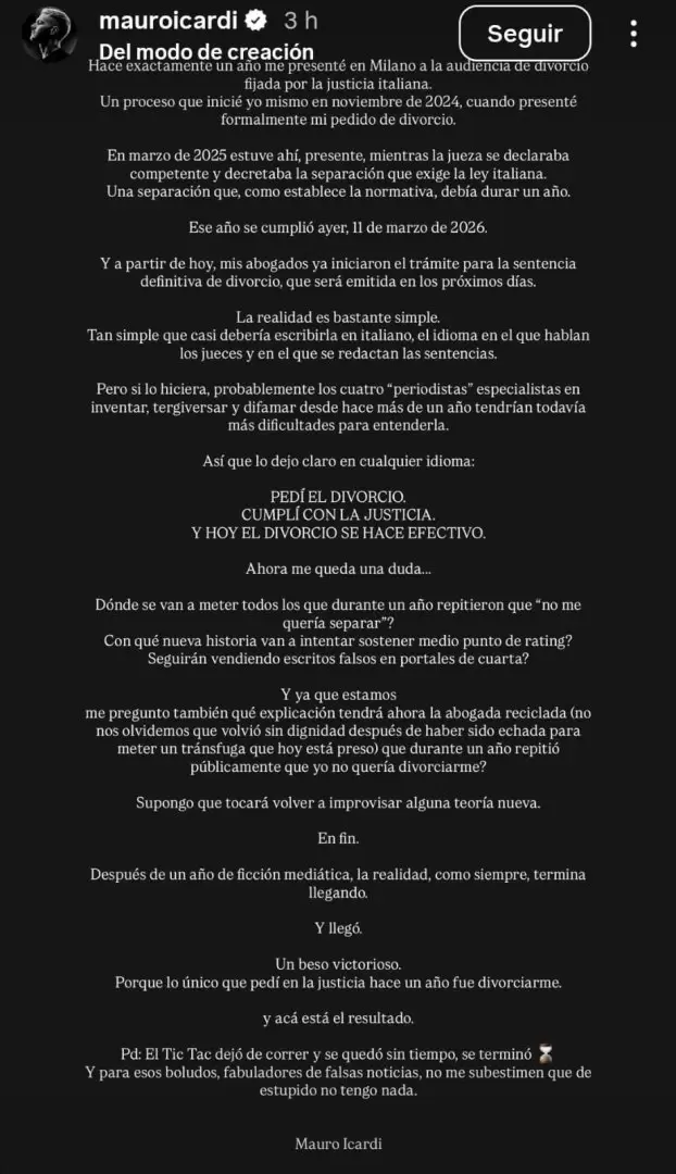 Mensaje de Mauro Icardi sobre el divorcio
