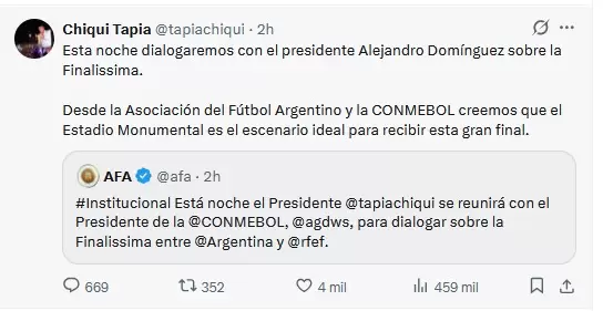 Chiqui Tapia insiste con que la Finalissima se juegue en el Monumental