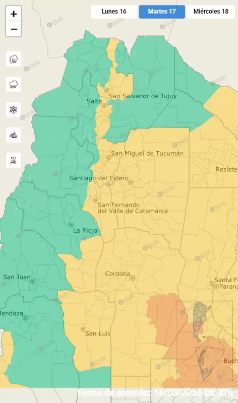 Alerta amarillo por fuertes tormentas para el martes 17 de marzo