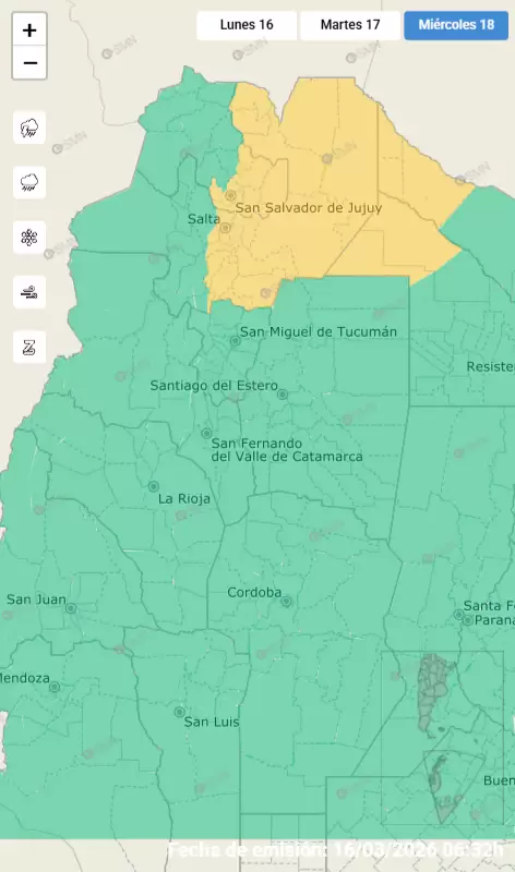 Alerta amarillo por fuertes tormentas para el miércoles 18 de marzo de 2026