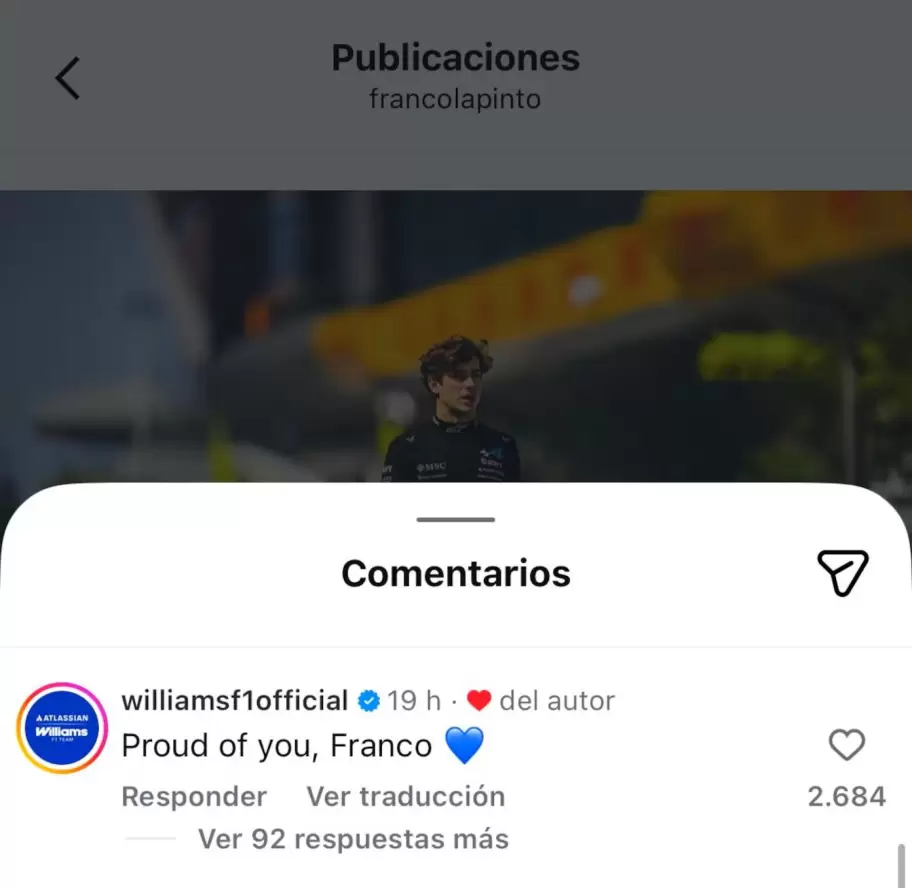 El mensaje en redes sociales de Williams para Colapinto