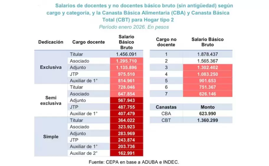 Detalle de los salarios básicos brutos de docentes y no docentes de las universidades públicas (CEPA)