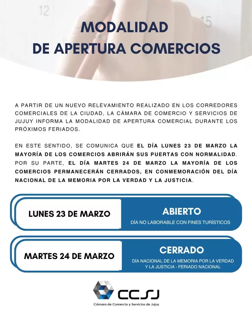 comercio lunes 23 y martes 24 de marzo
