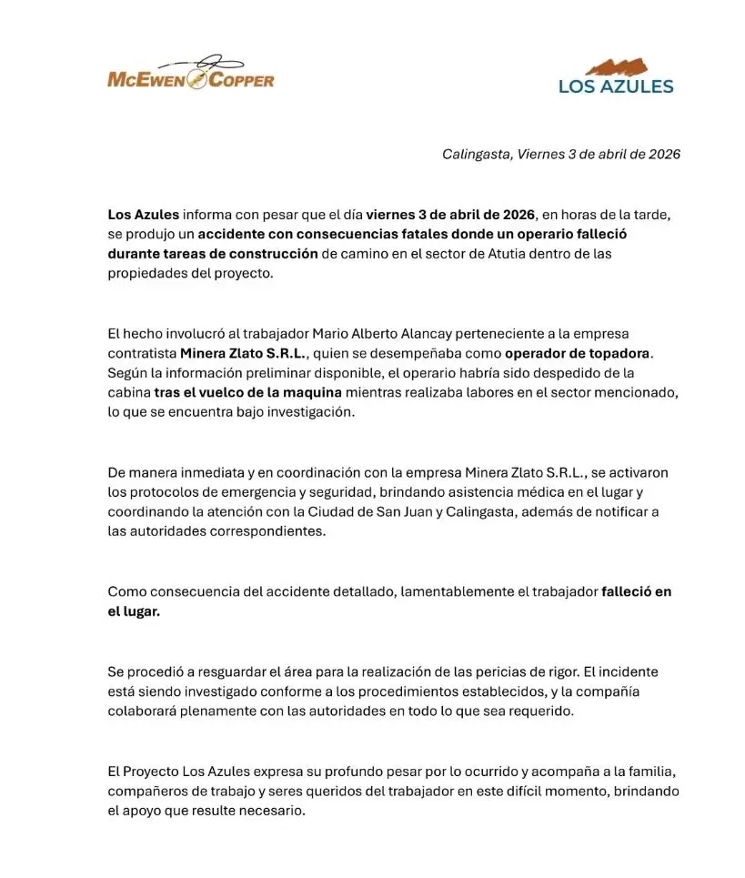 Comunicado de la empresa minera