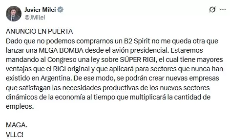 Milei anunci� en Twitter el proyecto "S�per Rigi"