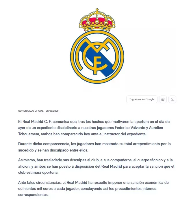 Comunicado del Real Madrid en el que informa las sanciones a Valverde y Tchuameni