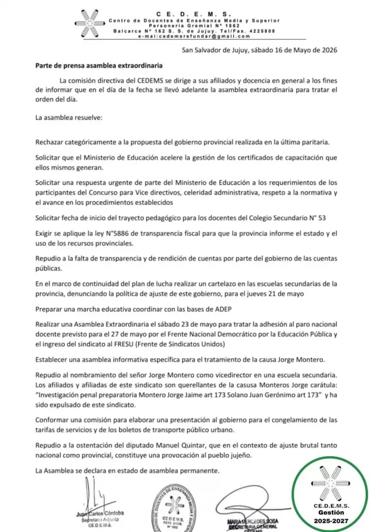 Parte de prensa del Cedems