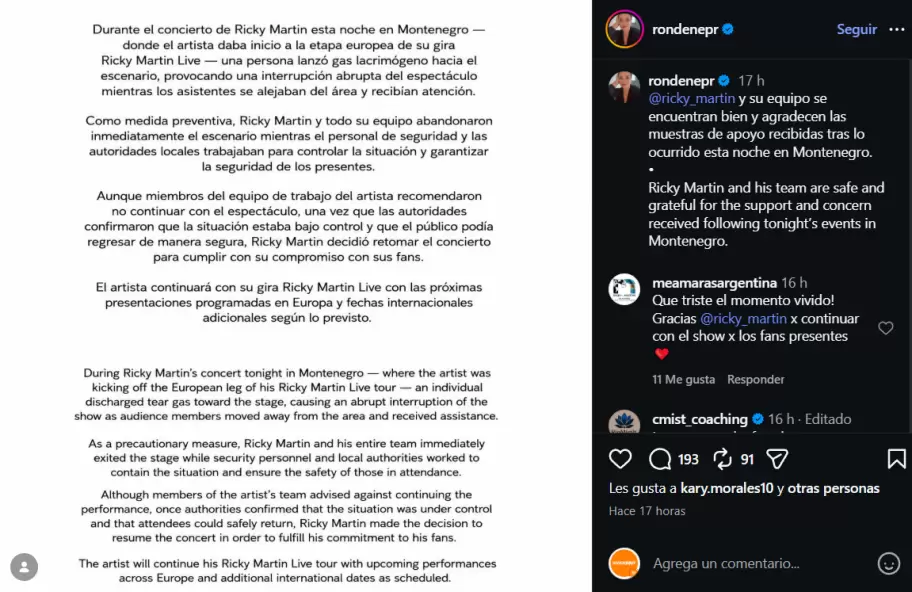 ricky martin comunicado