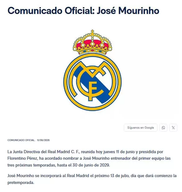 Comunicado del Real Madrid: Mourinho confirmado oficialmente