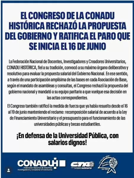 Comunicado conadu paro y rechazo a la oferta salarial del Gobierno