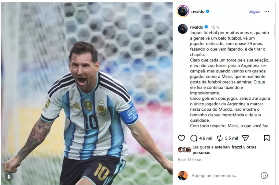 La dedicatoria de Rivaldo para Messi en Instagram
