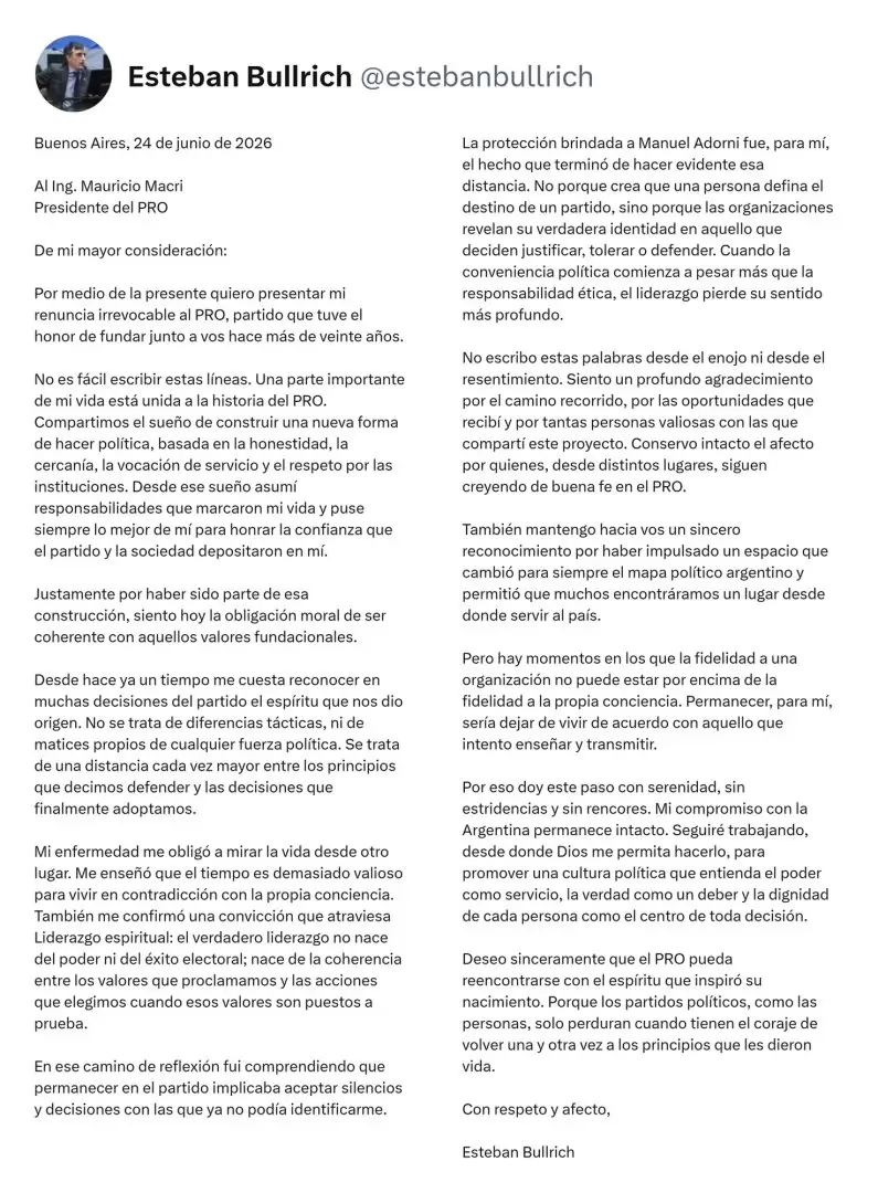 La carta con la que Esteban Bullrich le comunic� la renuncia a Mauricio Macri