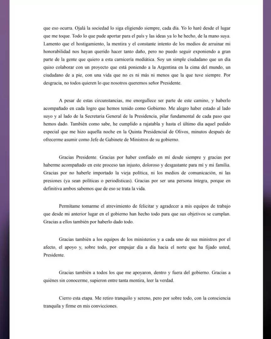 Renuncia de Adorni