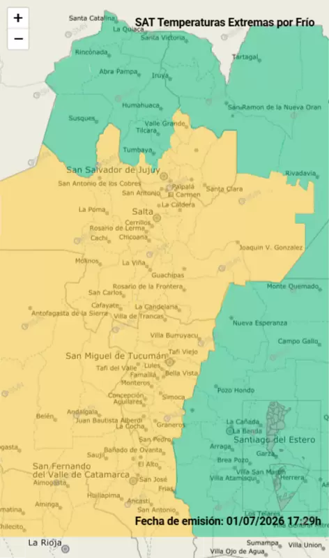 mapa temperaturas extramas bajas en Jujuy