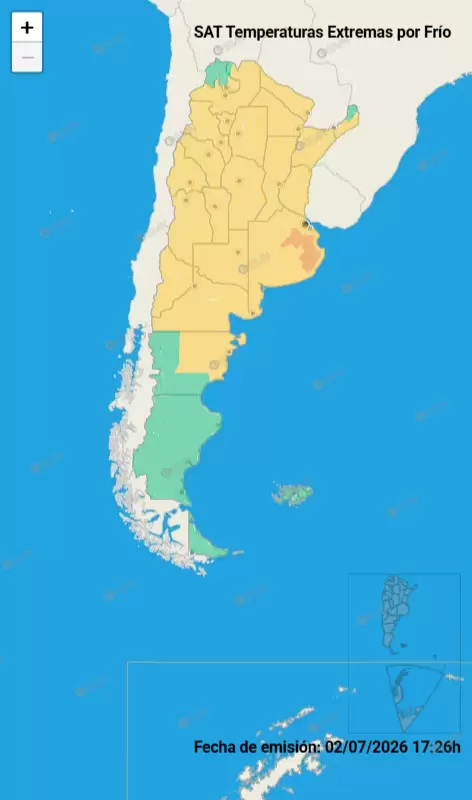 Un mapa del Servicio Meteorológico Nacional (SMN) indica las zonas de Argentina con alertas por temperaturas extremas de frío, con una alerta naranja
