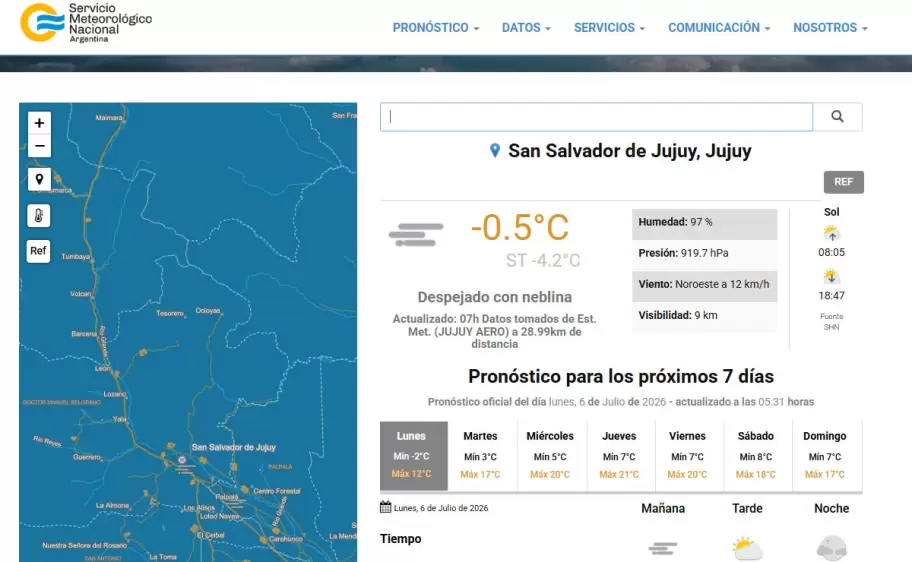 Temperatura y sensación térmica en San Salvador de Jujuy este lunes 6 de julio de 2026