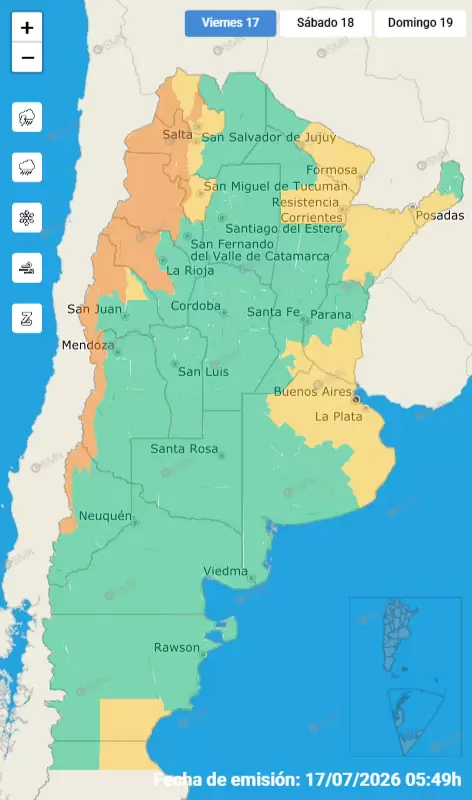 Alertas nivel amarillo y naranja para el viernes 17 de julio de 2026