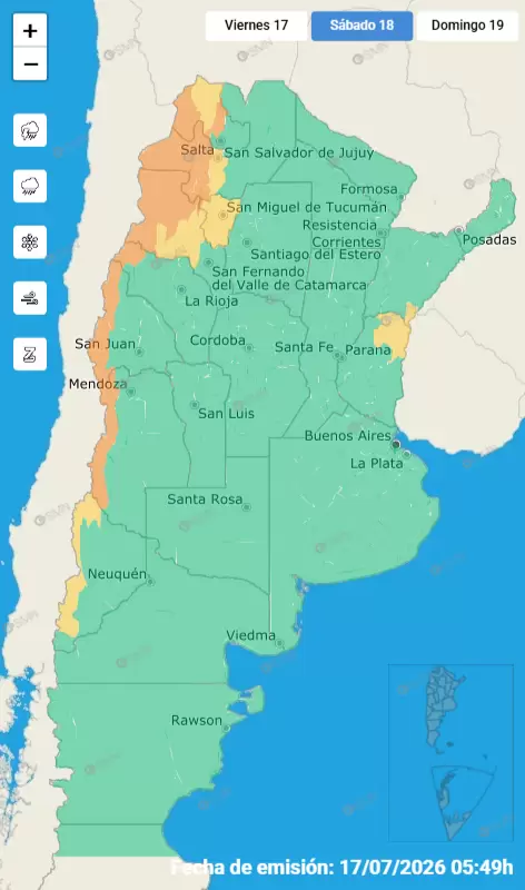Alertas nivel amarillo y naranja para el sábado 18 de julio de 2026